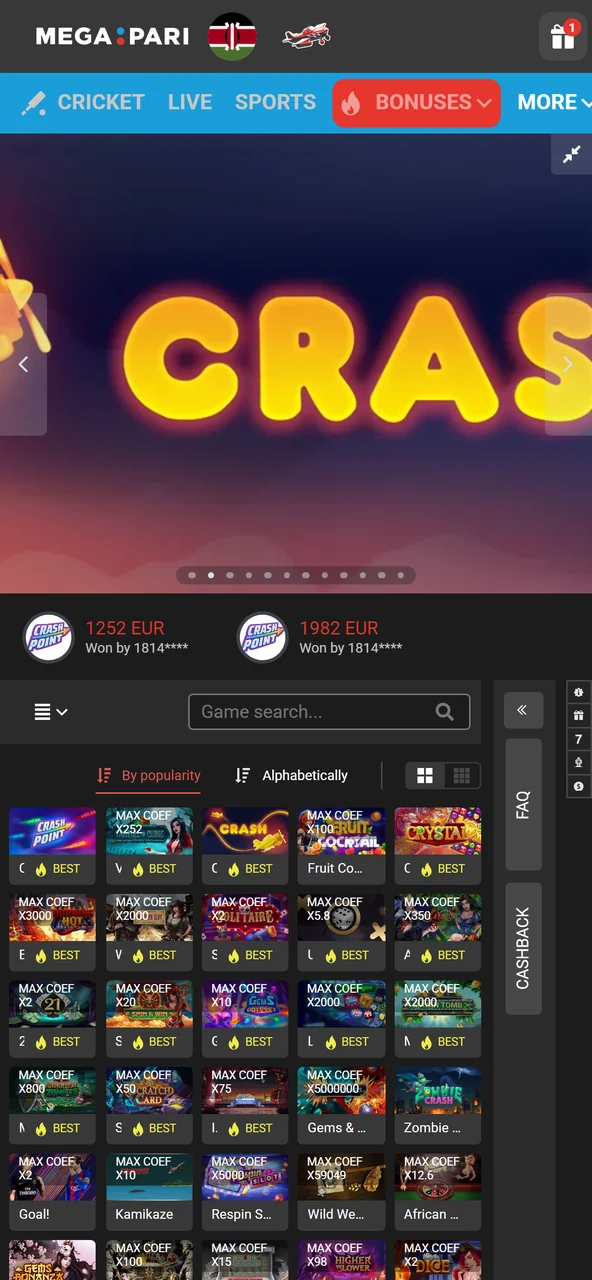 Scrolling the casino list inside the Megapari app