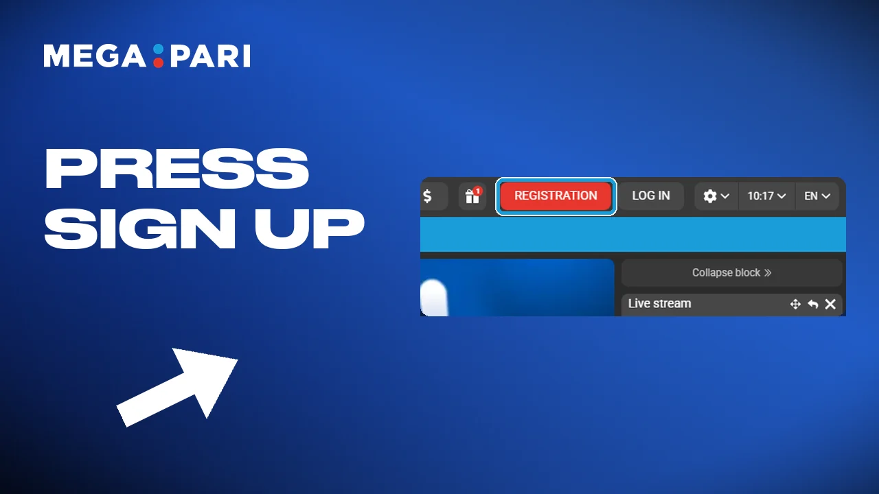 Opening Megapari and tapping register in the top menu